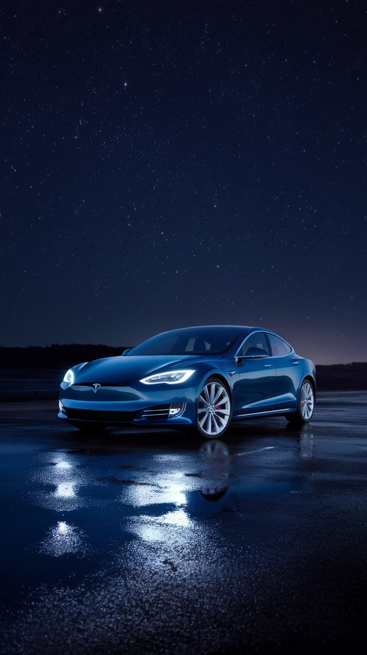 Tesla Model S parked at night with stars in the sky.