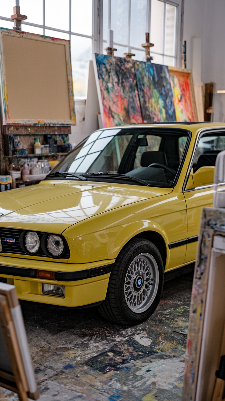 A yellow BMW E30 318I Se parked in a colorful studio space.
