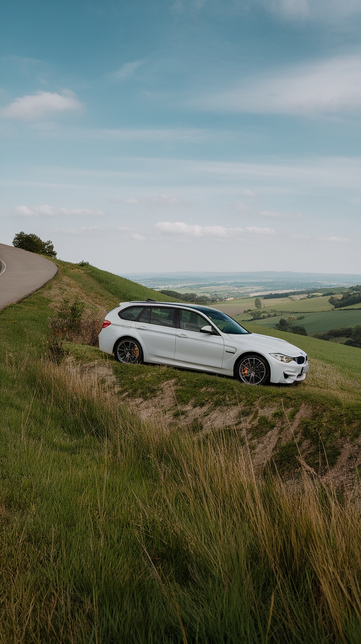 BMW M3 Touring parked on a hillside