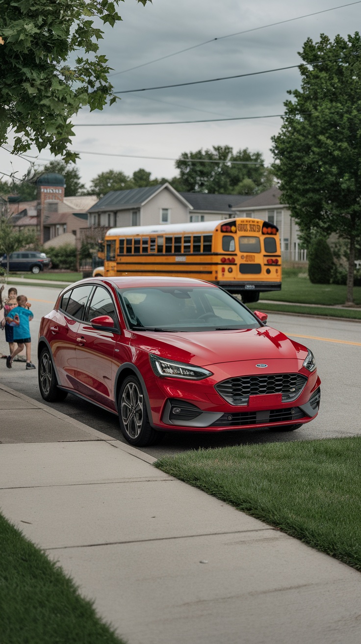 A red Ford Focus parked on the street with kids playing nearby.
