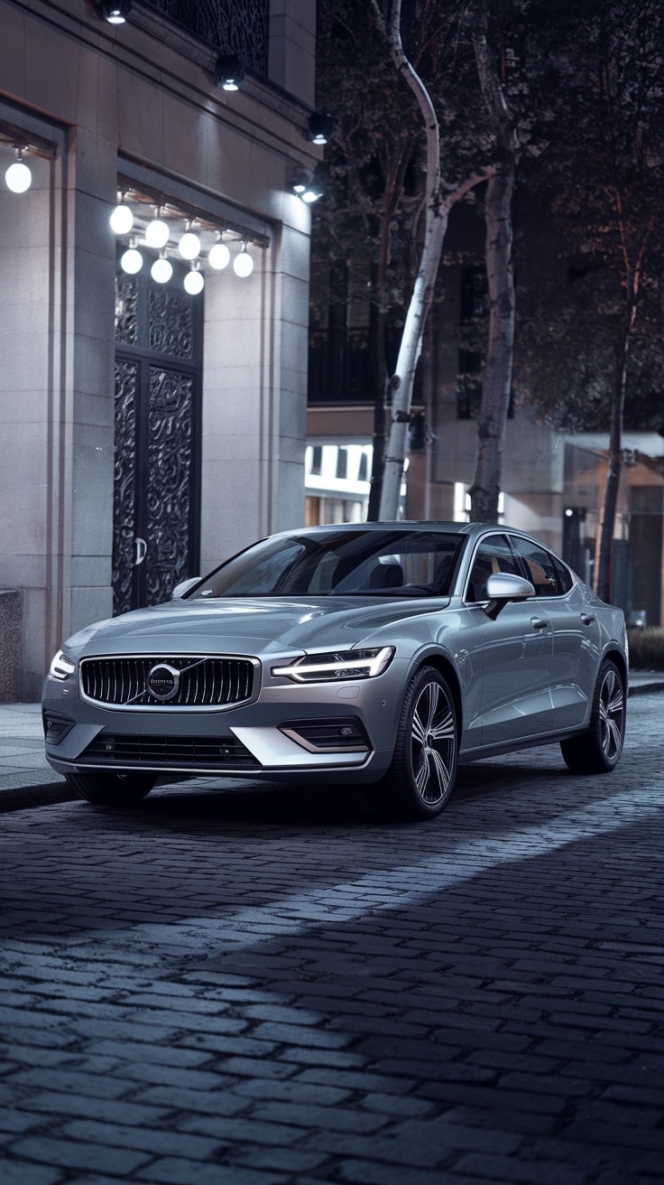 Volvo S60 parked on a cobblestone street at night, illuminated by city lights.