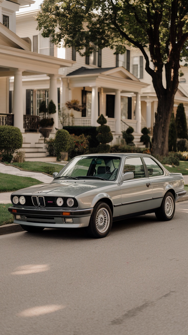 A BMW E30 325E Automatic parked in front of a beautiful house