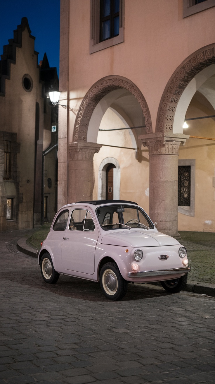 A vintage Fiat 500 parked in a charming night city setting.