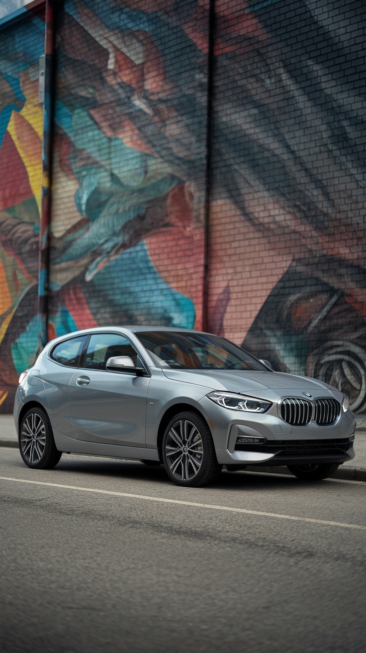 A silver BMW 1 Series hatchback parked in front of a colorful mural