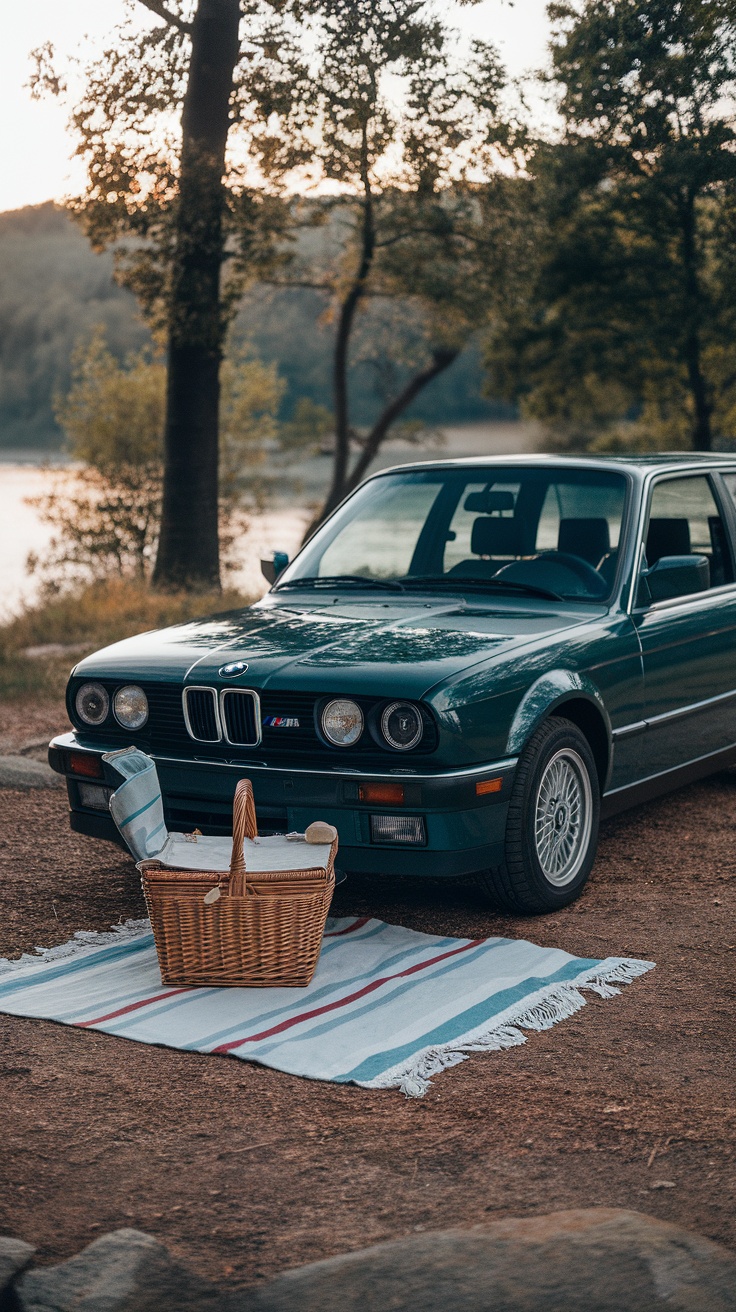 BMW E30 320I Touring parked outdoors with a picnic basket