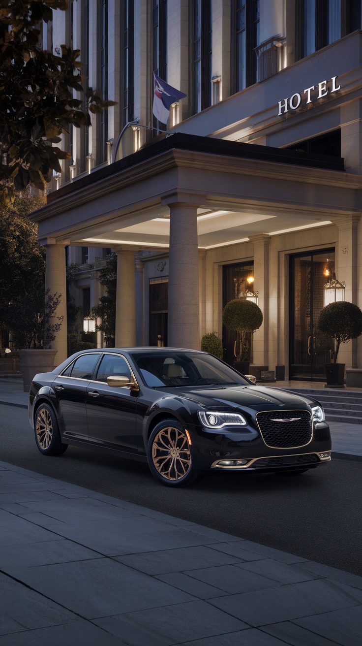 Chrysler 300 parked in front of a hotel with elegant architecture
