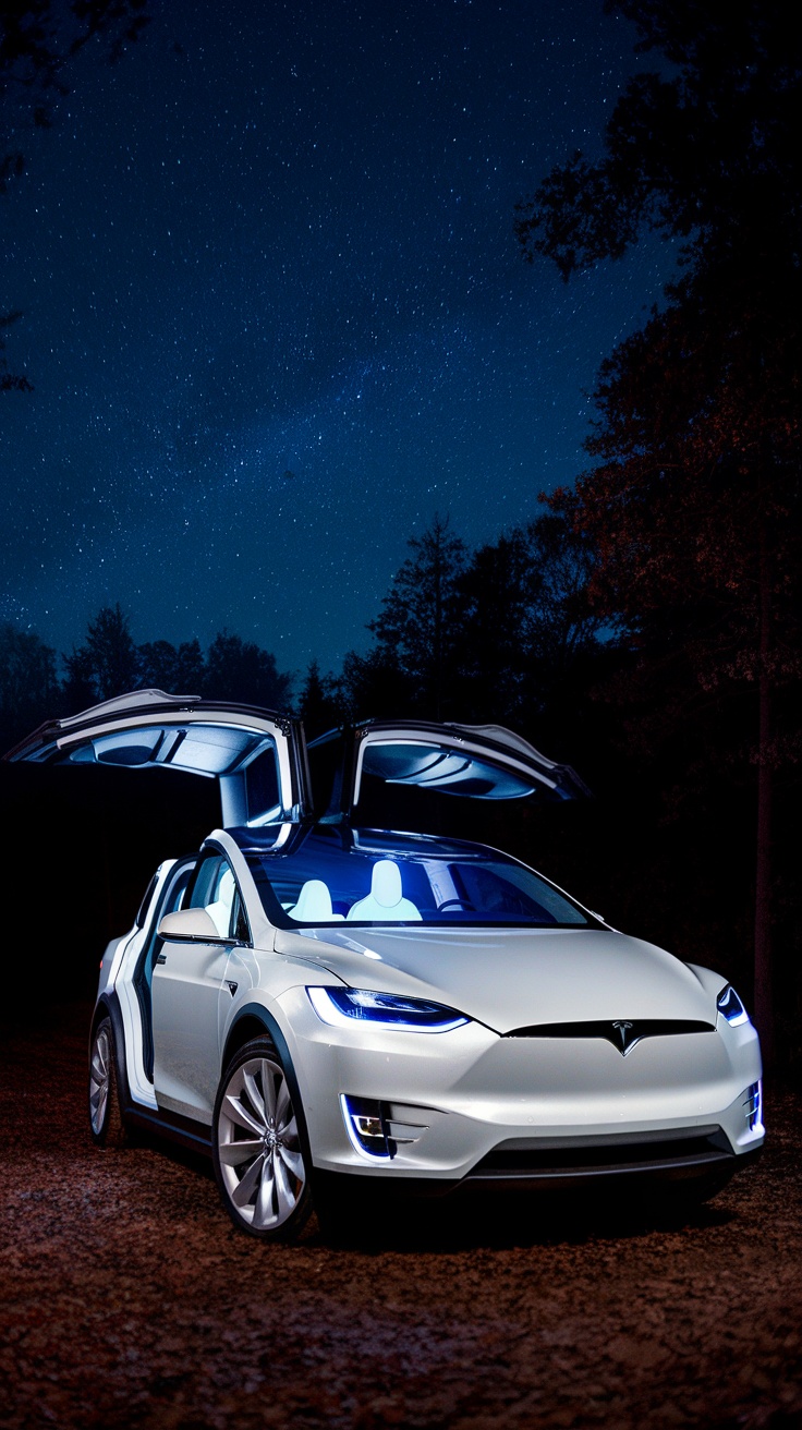 A Tesla Model X parked at night with its doors open, showcasing its modern design against a starry sky.