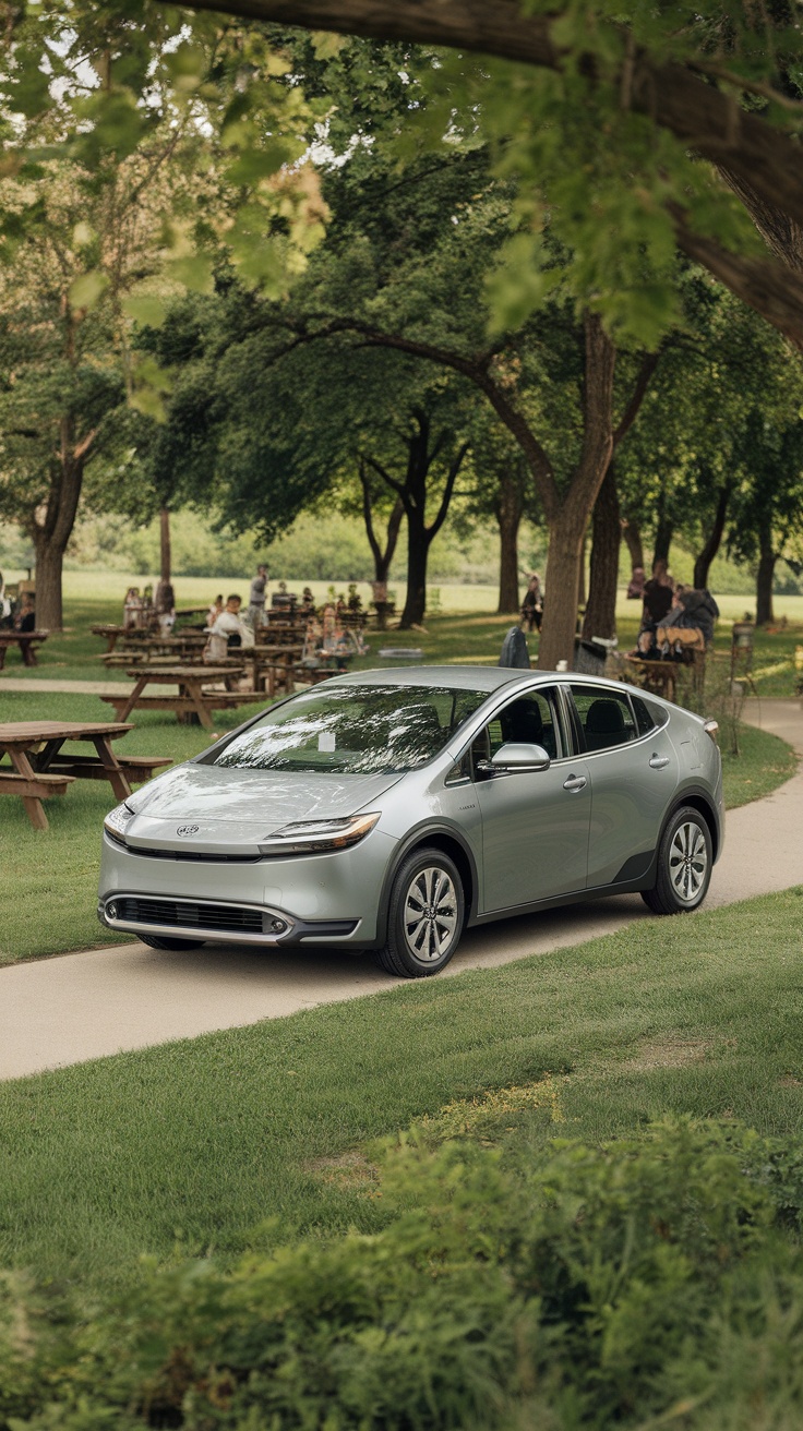 A silver Toyota Prius parked on a path in a park, surrounded by green trees and picnic tables.