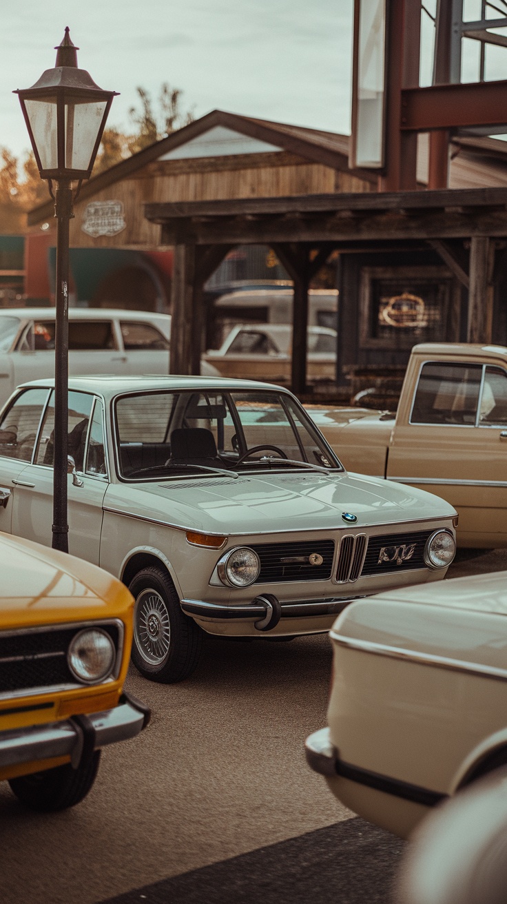 A vintage BMW 2002 parked among other classic cars