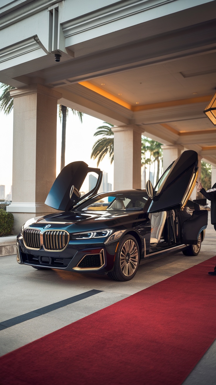 BMW M760i with open doors, showcasing a luxurious design