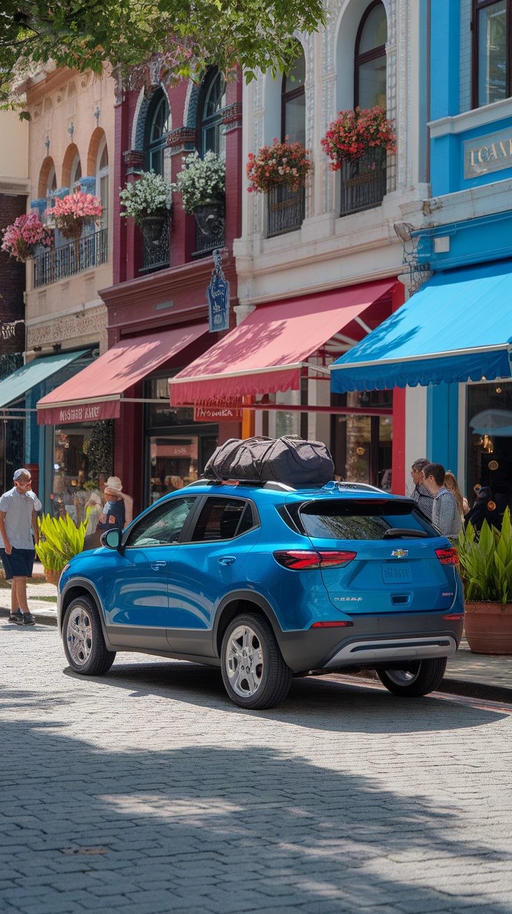 A Chevrolet Trax parked on a street with colorful storefronts.
