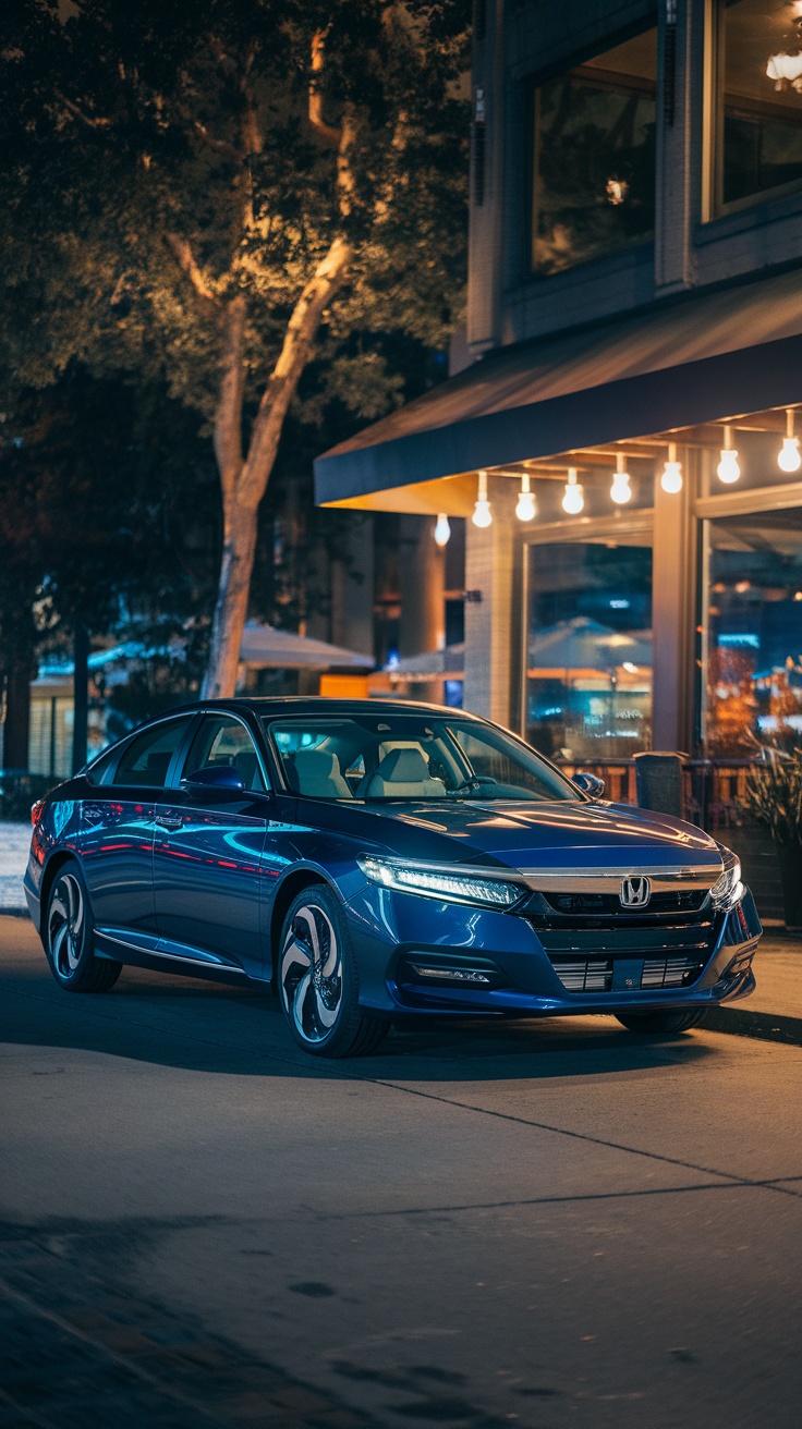 A blue Honda Accord parked near a lit outdoor cafe at night.