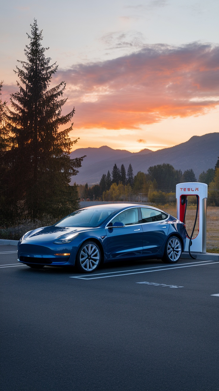 Tesla Model 3 charging at a station during sunset