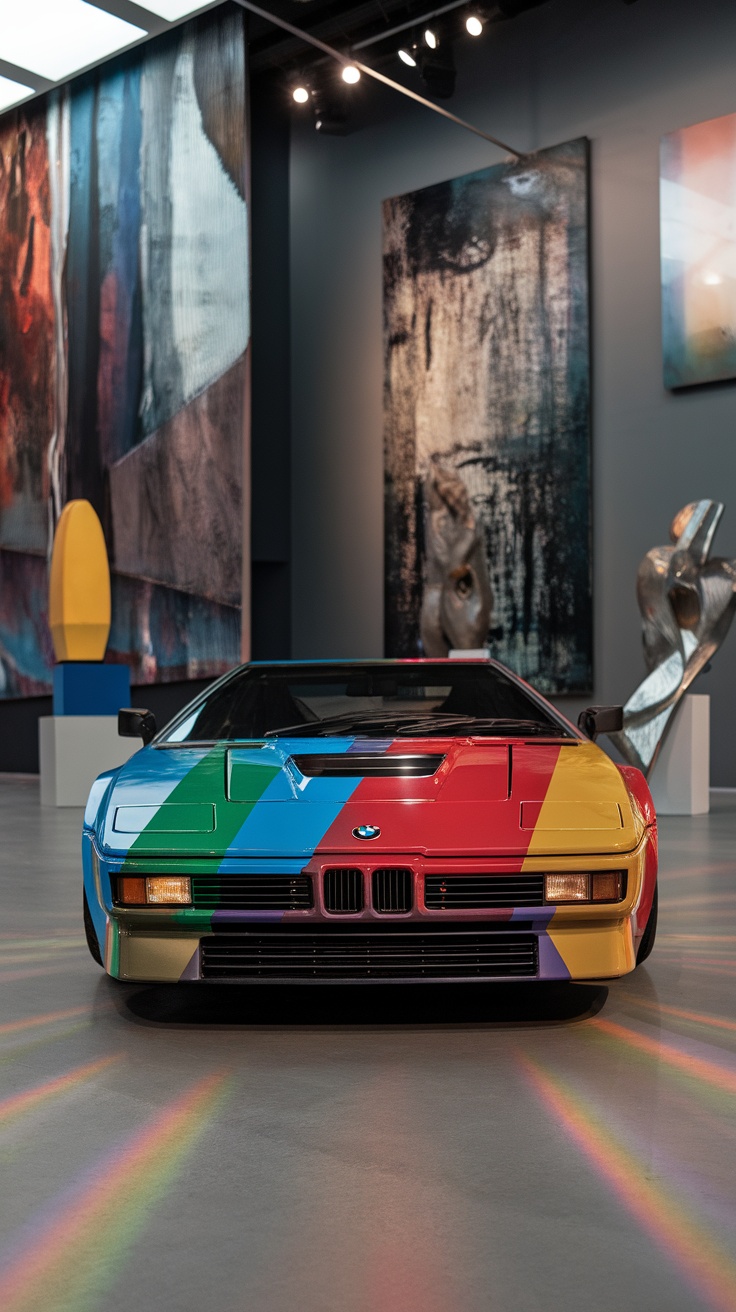 BMW M1 sports car displayed in a modern art gallery