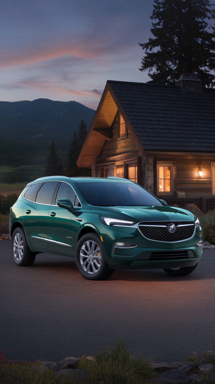 A Buick Enclave parked outside a cabin with mountains in the background at dusk.