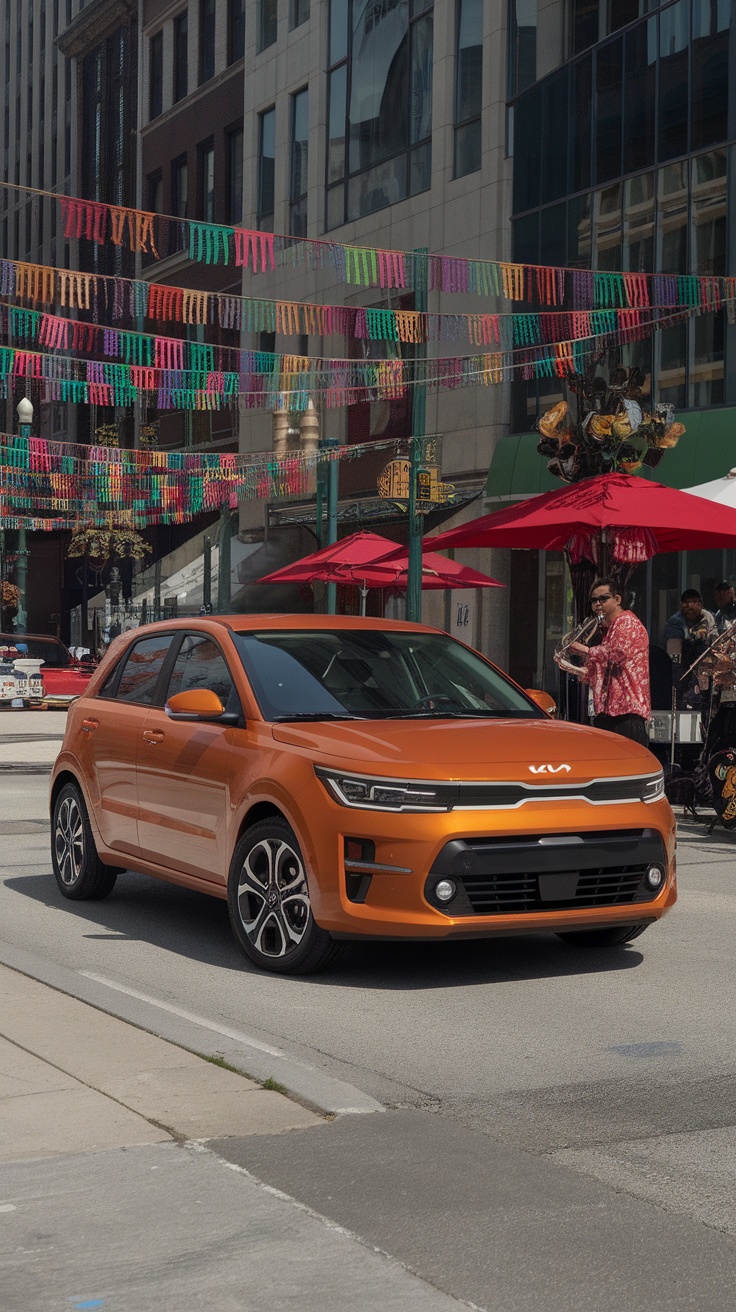 A vibrant orange Kia Rio parked in a city street adorned with colorful decorations.