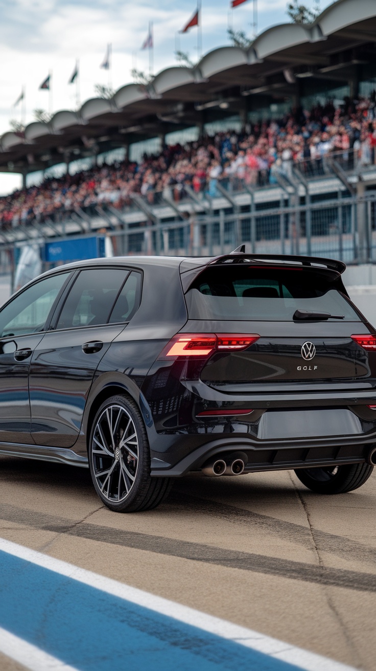 Volkswagen Golf parked with a crowd in the background