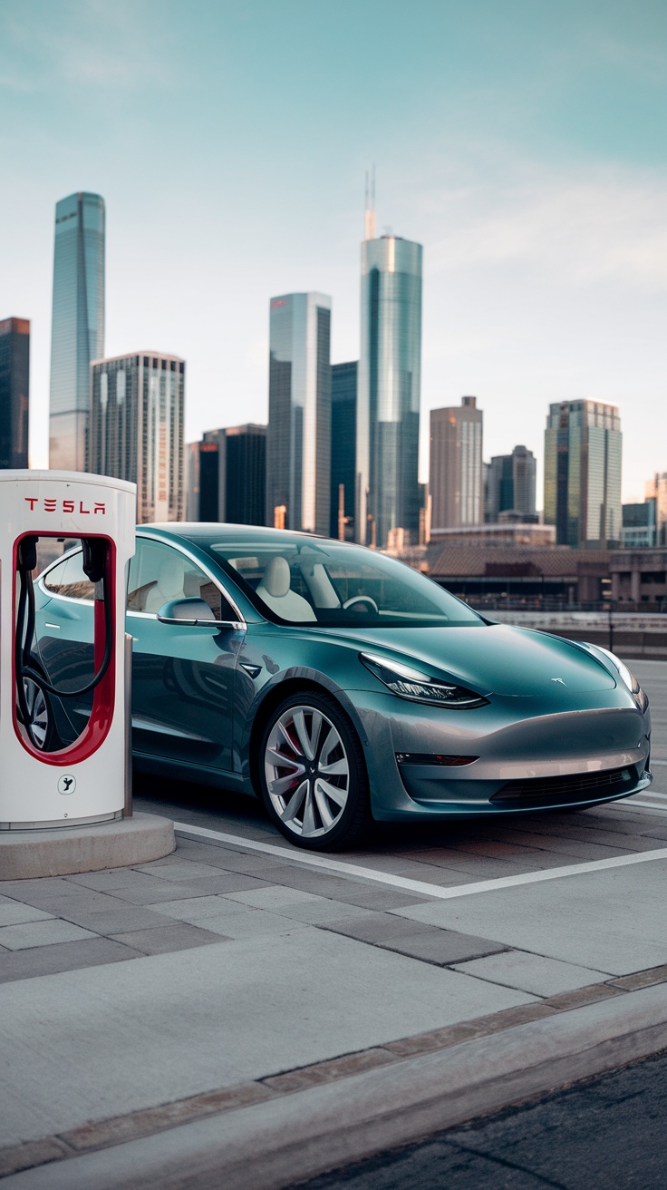 Tesla Model 3 parked near a charging station, with a city skyline in the background.