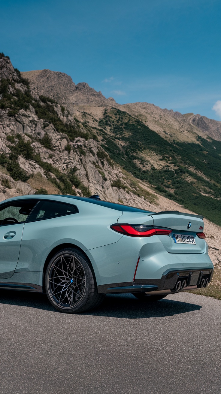 BMW M4 G82 parked in a scenic mountain setting