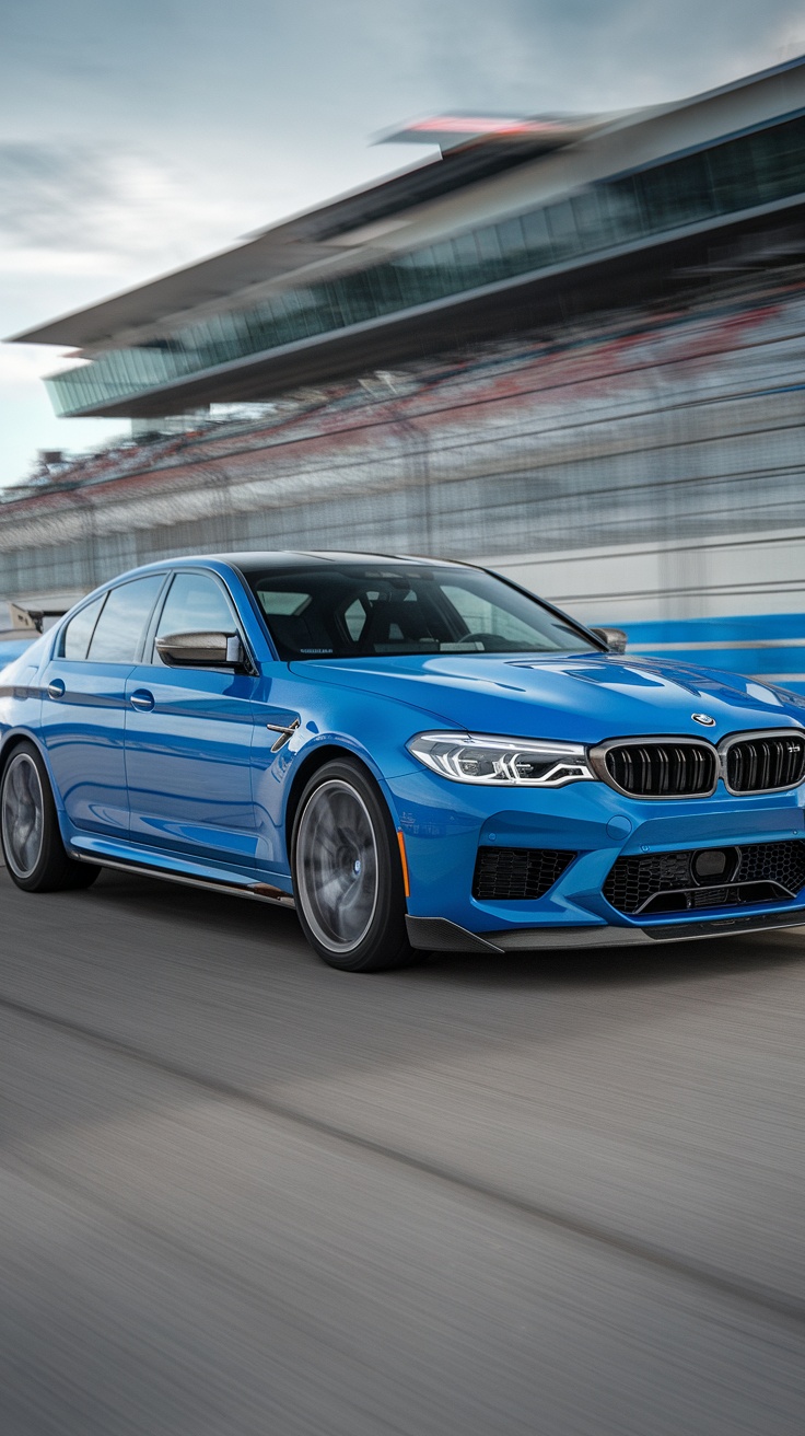 BMW M5 CS in motion on a racetrack.
