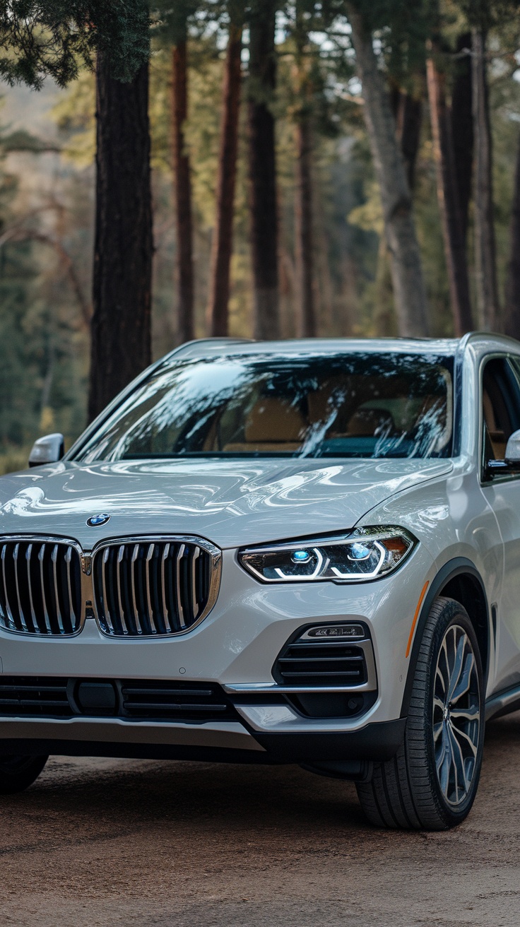 A BMW X5 parked in a forest setting, showcasing its sleek design and modern features.
