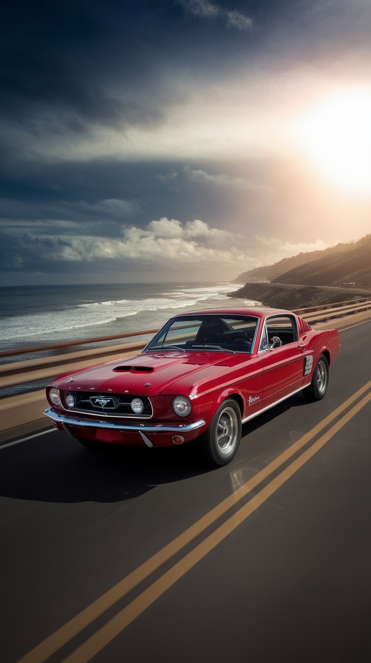 A classic red Ford Mustang driving along a coastal road with a scenic backdrop.