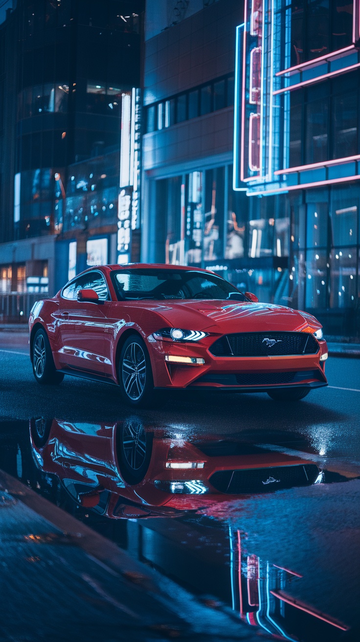 A Ford Mustang parked in a city at night, reflecting neon lights in puddles.