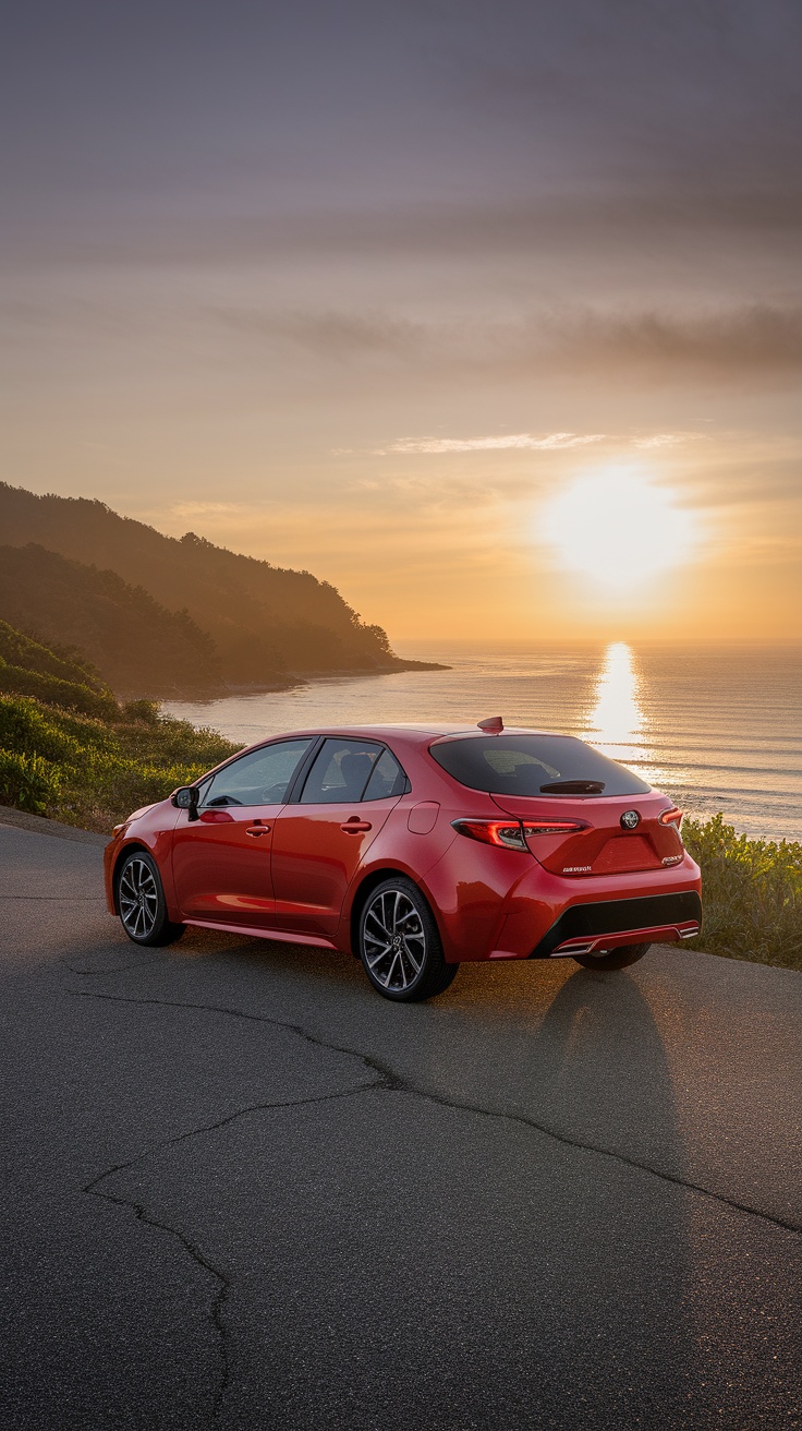 A red Toyota Corolla parked on a coastal road during sunset.