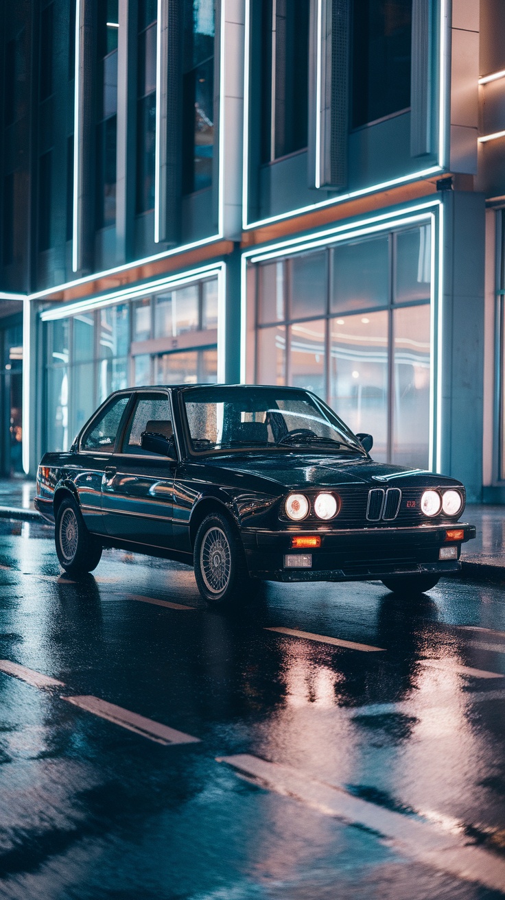 A stylish BMW E30 320I parked at night, reflecting city lights.
