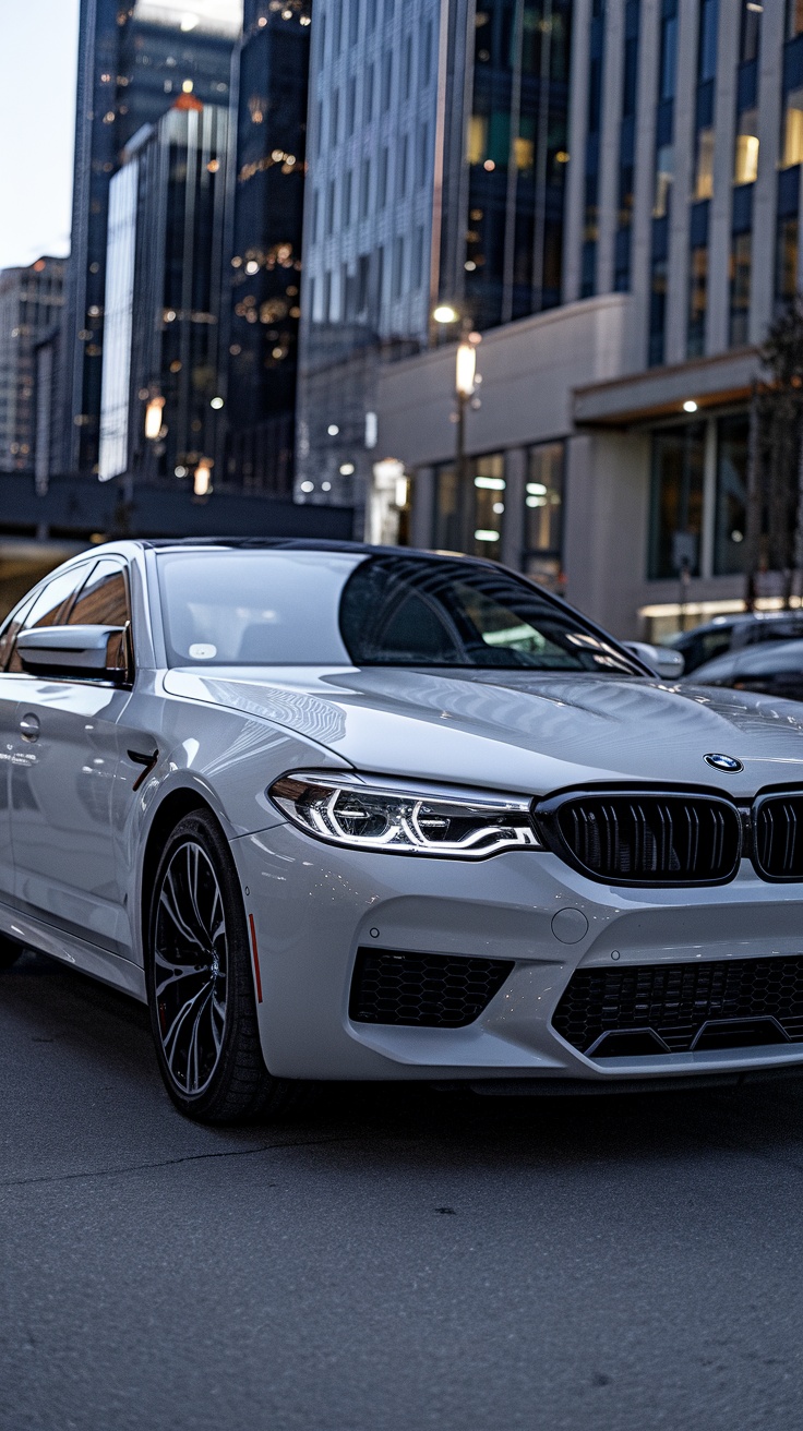 BMW M5 F90 parked in the city with modern buildings in the background.