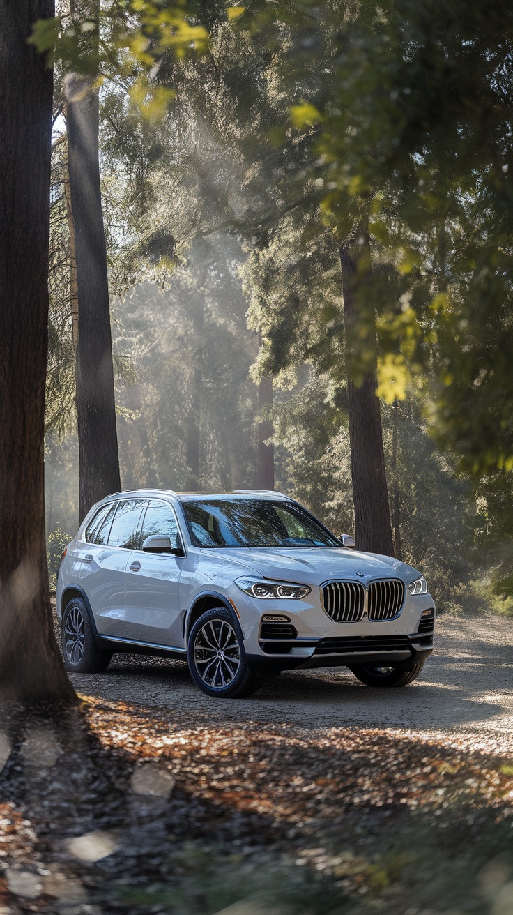 BMW X5 parked in a forest setting with sunlight filtering through the trees