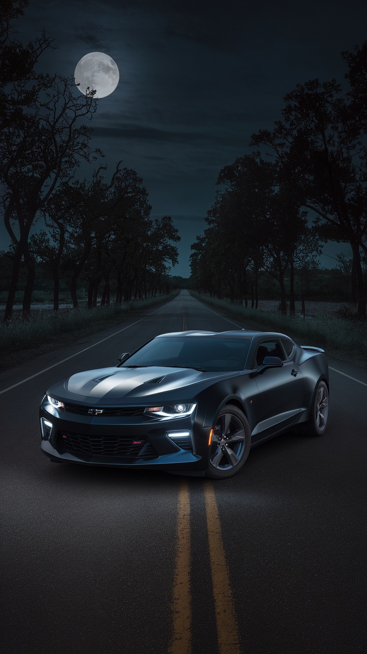Chevrolet Camaro parked on a dark road under a full moon