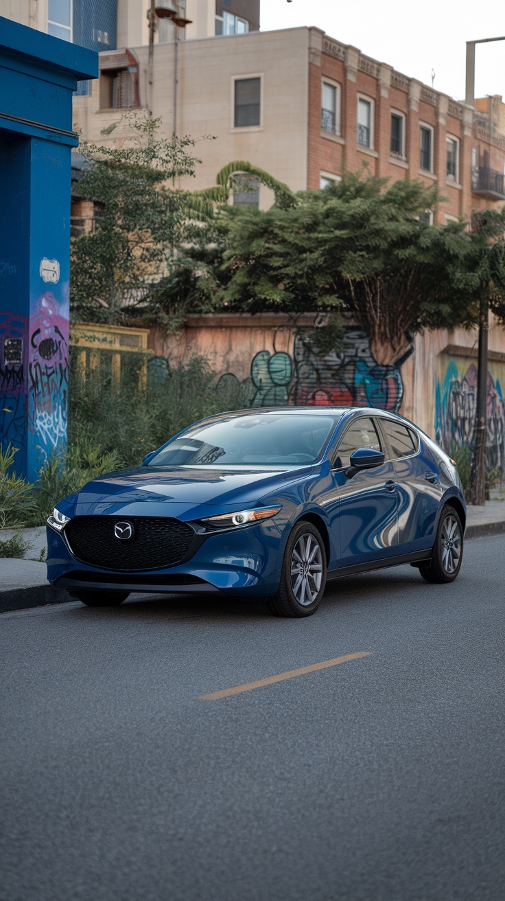 A blue Mazda3 parked on a street with colorful graffiti in the background.