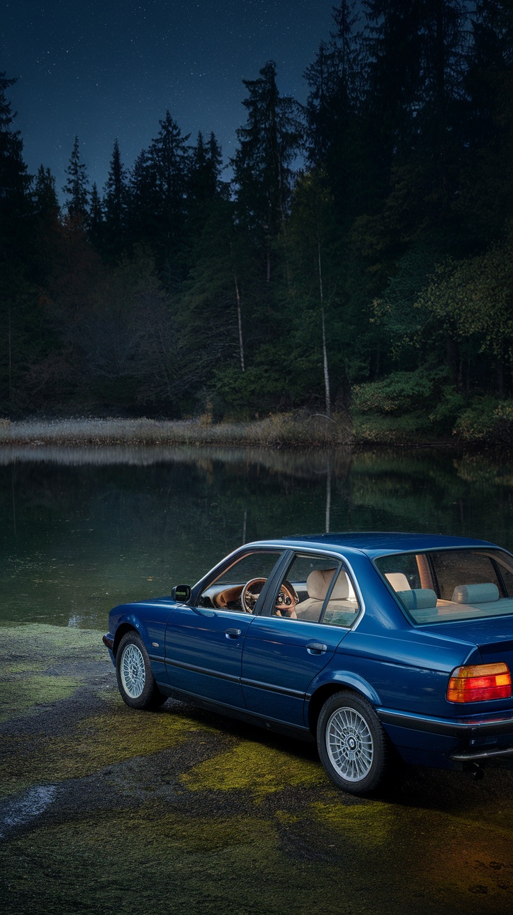 BMW 3 Series parked near a serene lake at night