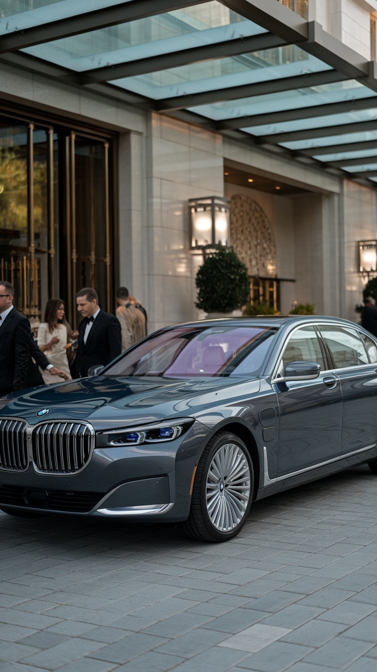 A BMW 7 Series parked outside a luxury venue, showcasing its elegant design and presence.