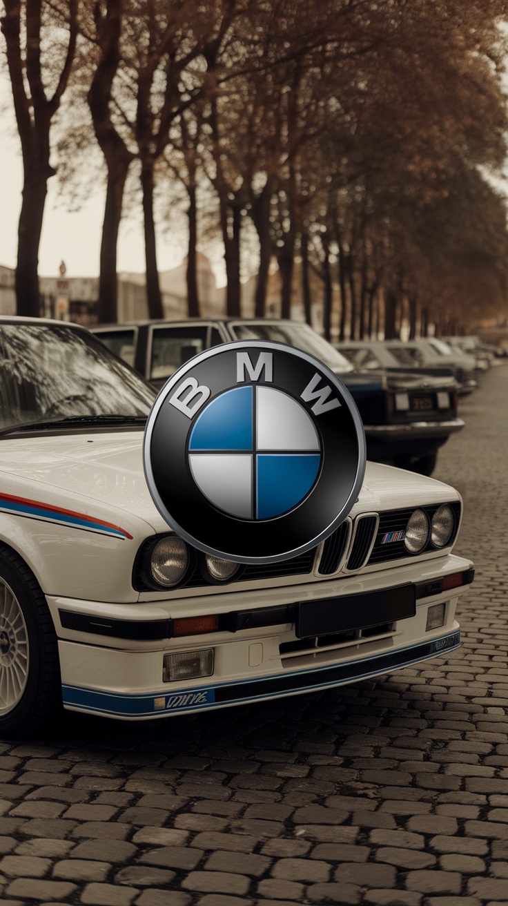 A classic BMW with the BMW logo overlay, surrounded by trees and other cars.
