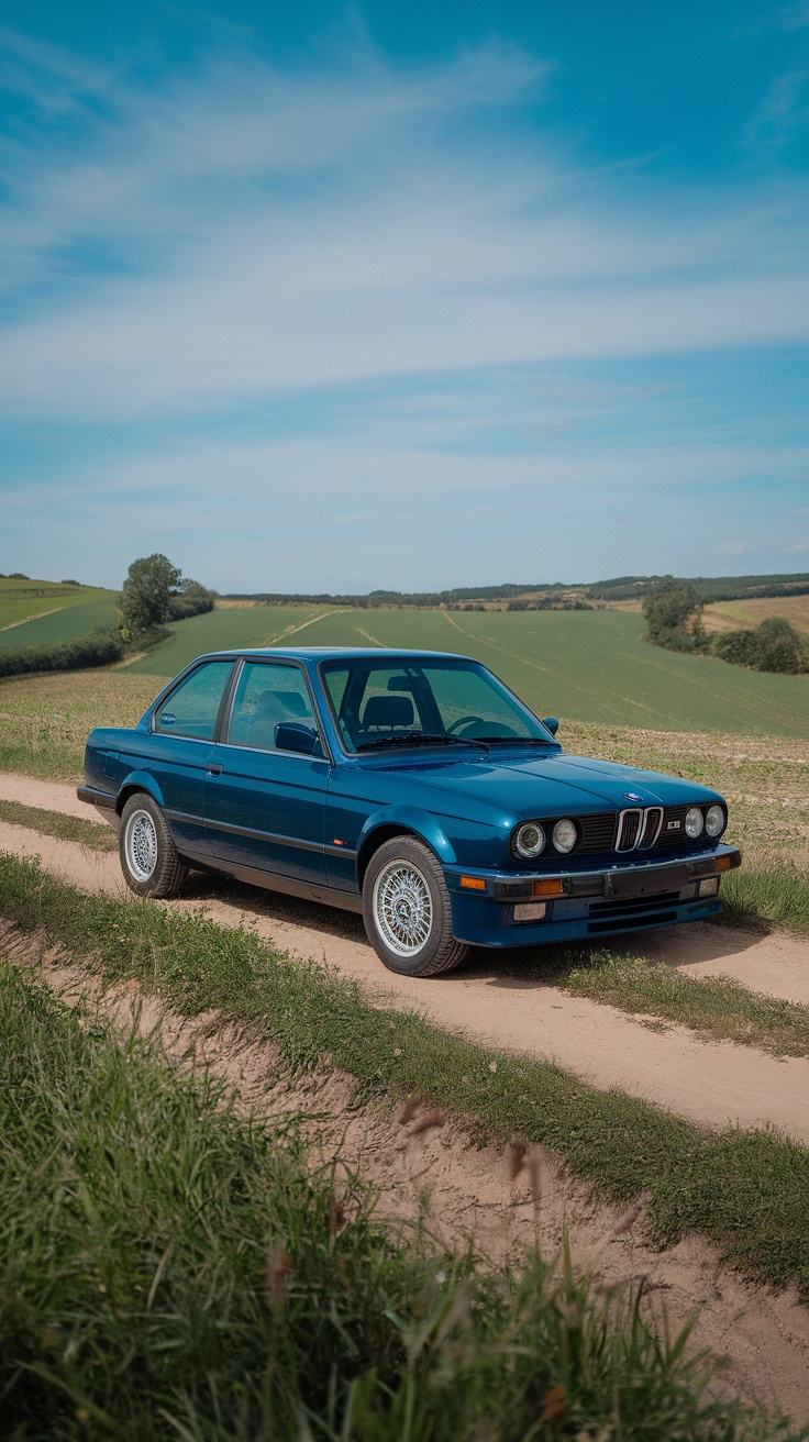 A blue BMW E30 318i parked on a dirt road with green fields in the background.