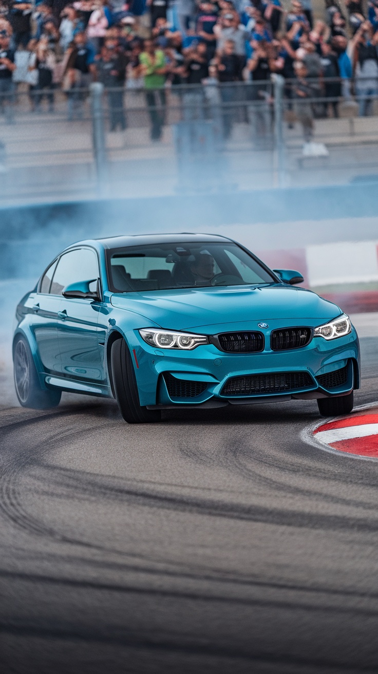 BMW M3 drifting on a racetrack surrounded by fans