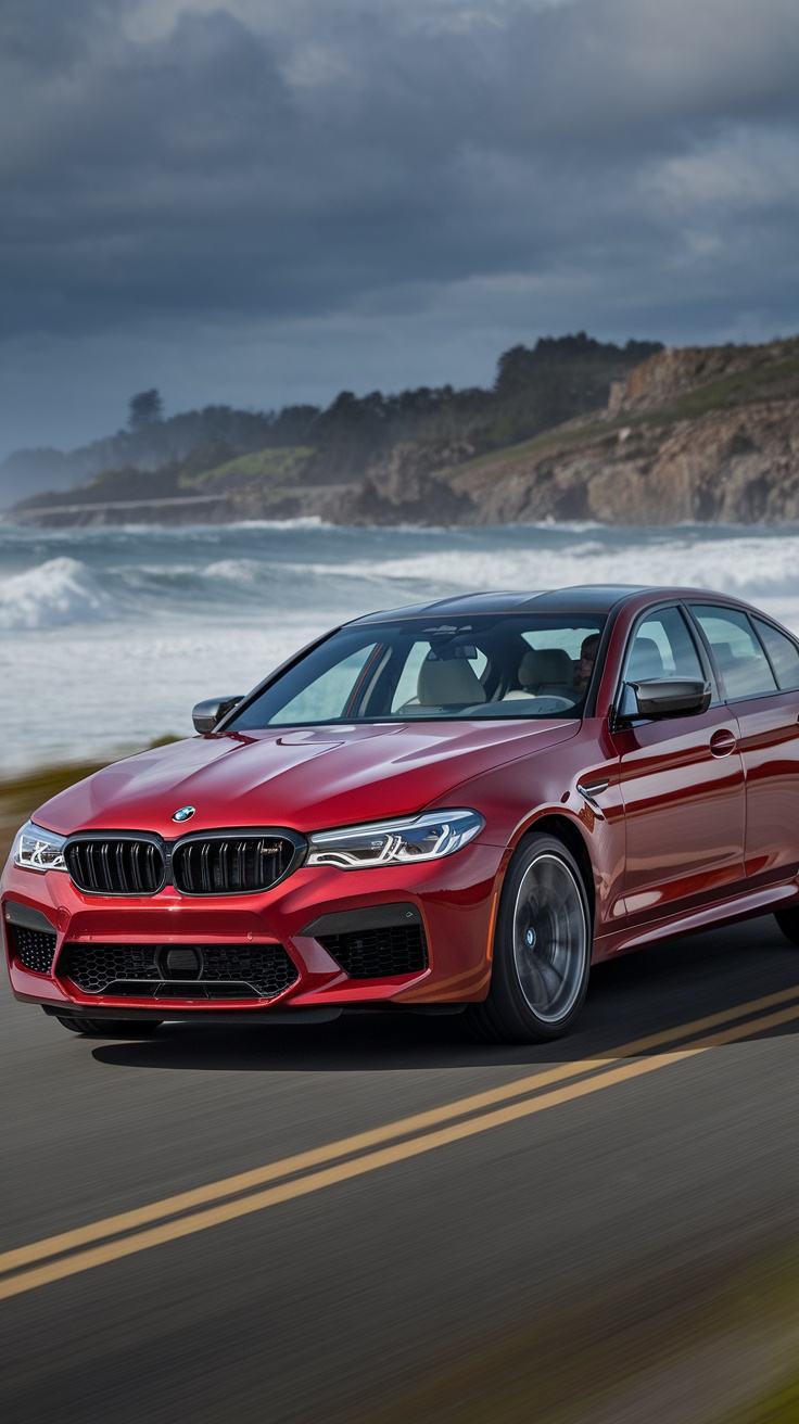 2021 BMW M5 f90 driving along a coastal road