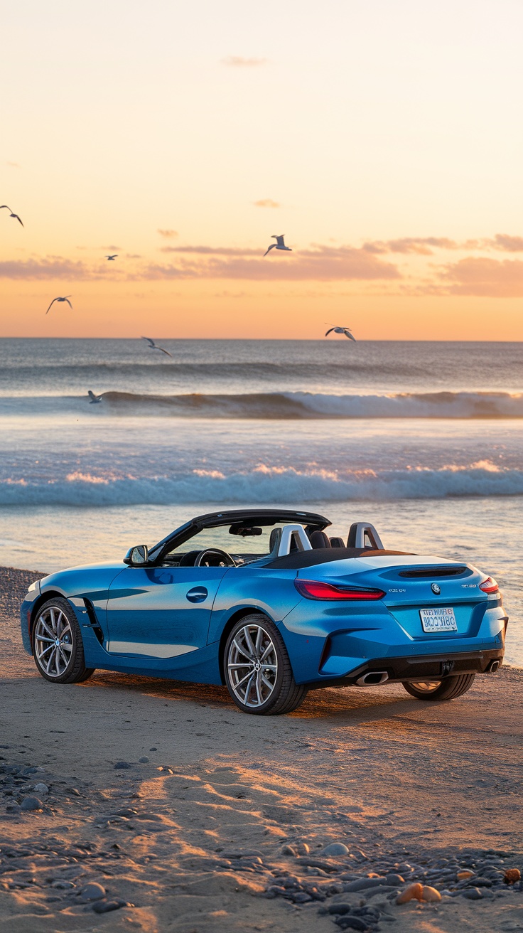 BMW Z4 parked on a beach during sunset