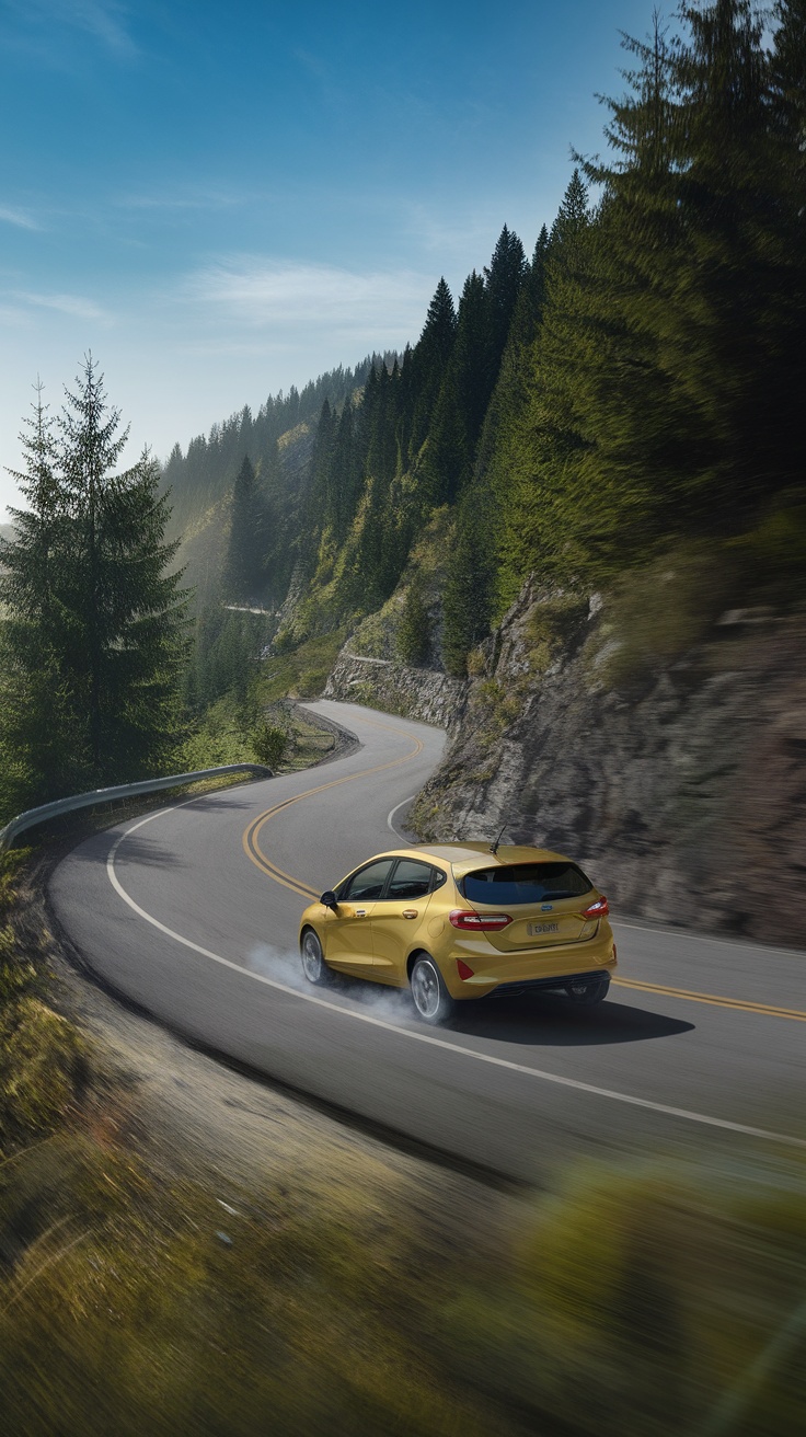 A yellow Ford Fiesta driving along a winding road surrounded by trees