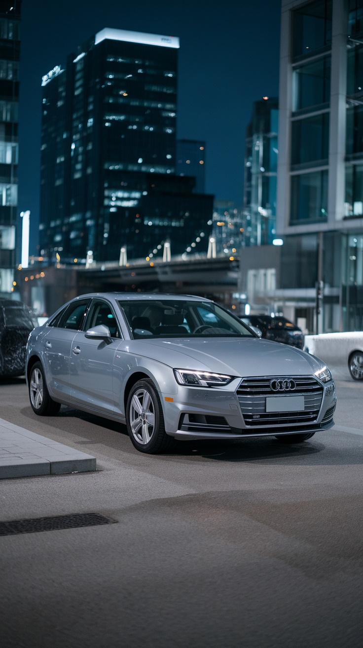 A silver Audi A4 parked at night with city lights in the background.