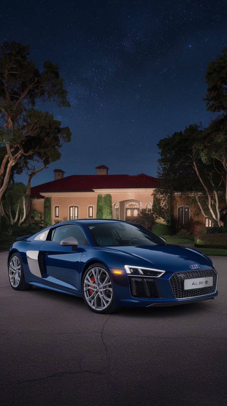 Audi R8 parked in front of a house under a starry night sky