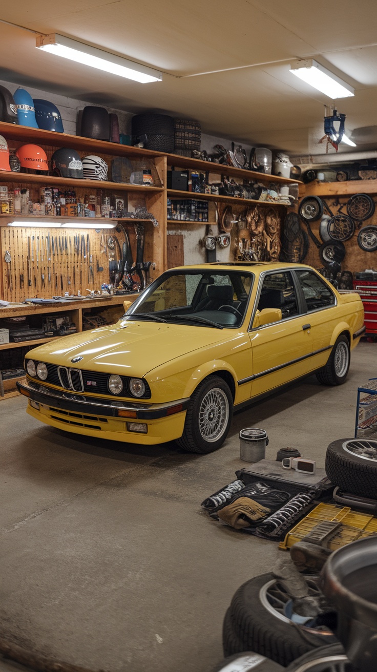 A yellow BMW E30 325Es in a garage setting, showcasing its classic design.