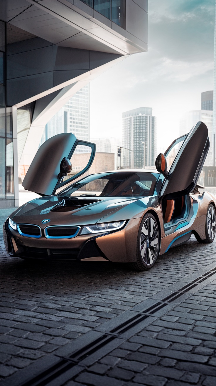 BMW i8 parked outside a modern building with doors open.