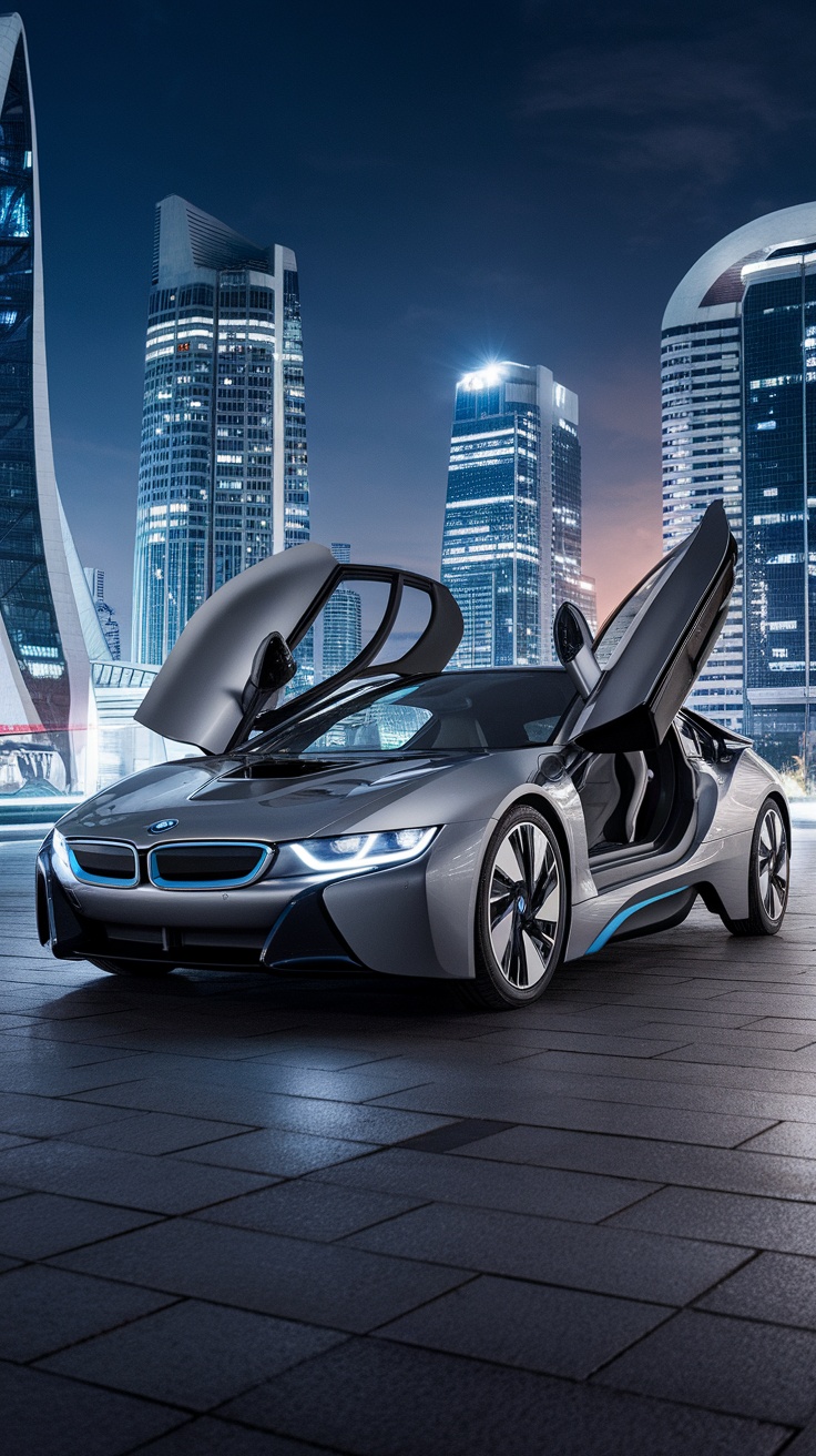 BMW I8 parked in a modern cityscape with open doors