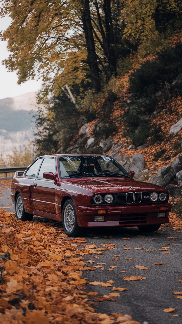 A BMW M4 G80 parked on a scenic road surrounded by autumn leaves.