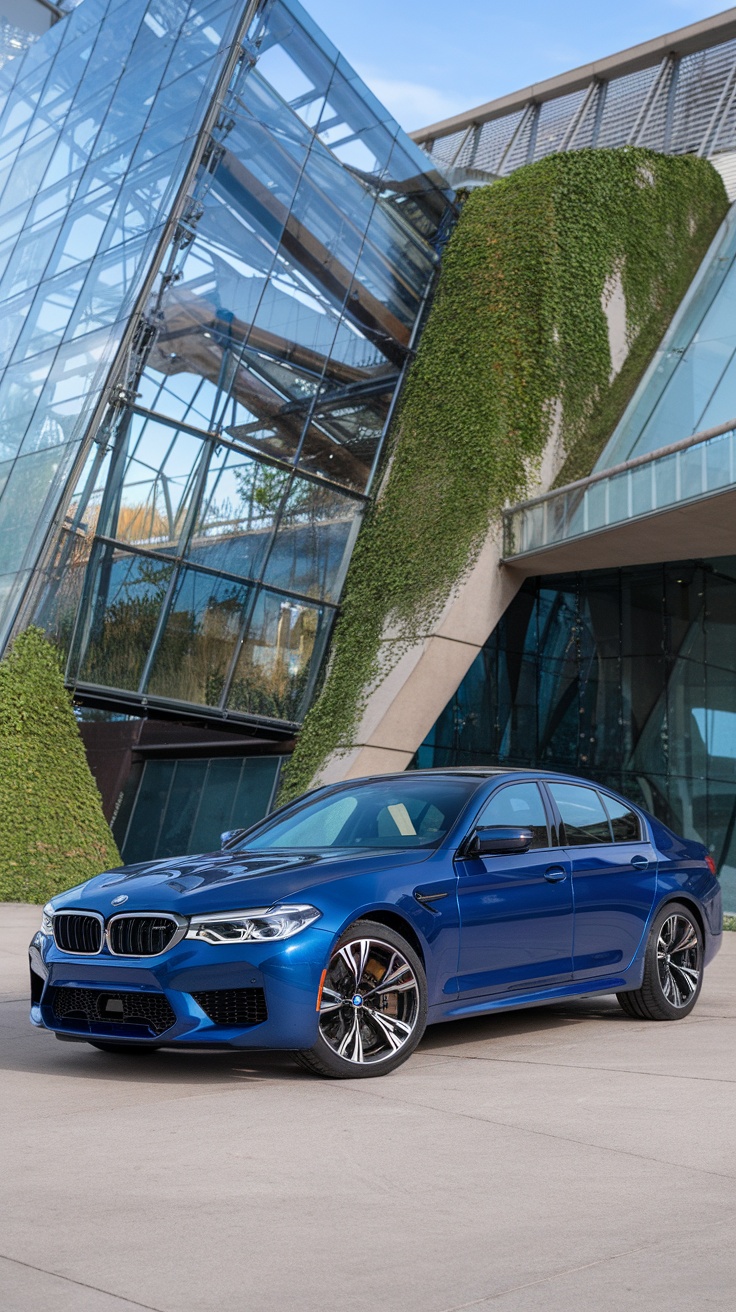 A BMW M5 f90 parked in front of a modern building.