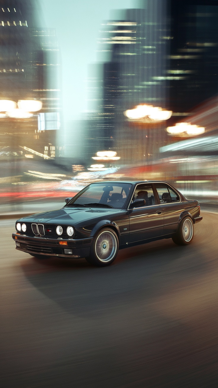 A BMW 3 Series in black, moving through a cityscape.