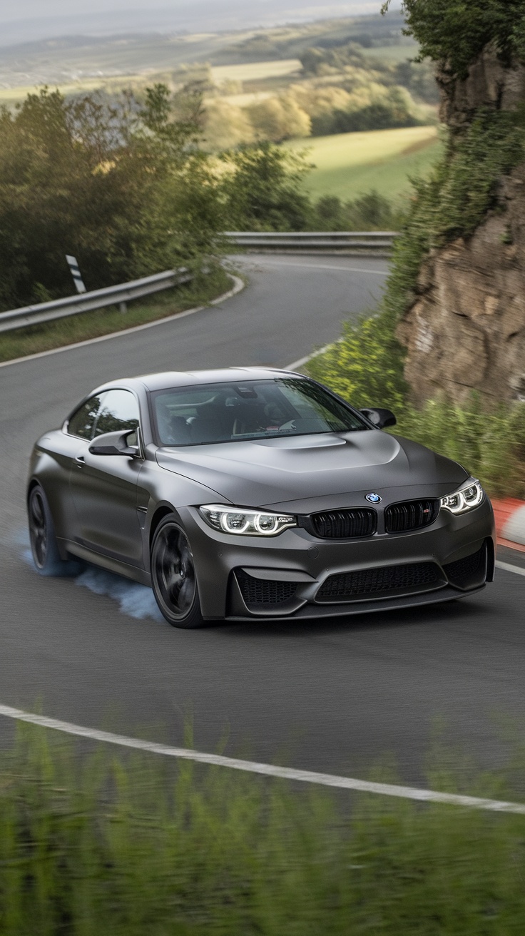 BMW M4 CS navigating a winding road with smoke from the tires